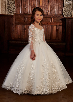 Long Sleeves Ivory Sequined Lace Applique Tulle Flower Girl Dress